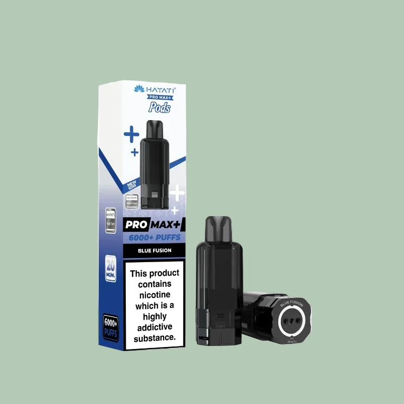 Hayati Pro Max+ Blue Fusion disposable vape device shown next to its white and blue retail packaging box on a plain white background.